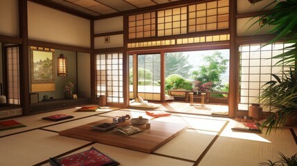 Japanese-inspired living room with tatami mats, low-slung furniture, and minimalist decor for a serene and zen-like atmosphere