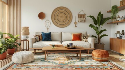 Mid-century modern boho coastal living room with retro furniture, bohemian textiles, and beachy accents for a relaxed and eclectic vibe