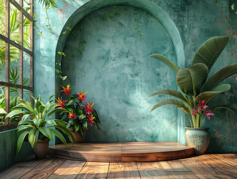 A photorealistic image of an archshaped podium with plants and flowers, set against a textured green wall. created with Ai