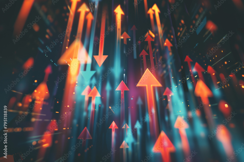 Poster illustrate the concept of progression and growth with a series of dynamic rising arrows in a digital