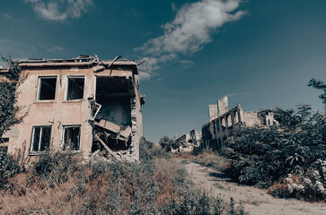 destroyed and burned houses in the city Russia Ukraine war