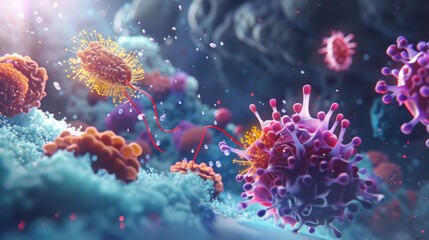 Vibrant 3D Scene Depicting Virus Assault on Bacterial Community. Microcosmic Battle