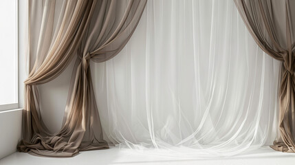 Opulent white and brown tulle adorning a window within a splendidly lit room