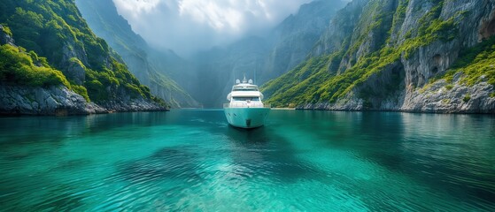 white cruise sailing in nature canal with beautiful view, Generative Ai - obrazy, fototapety, plakaty