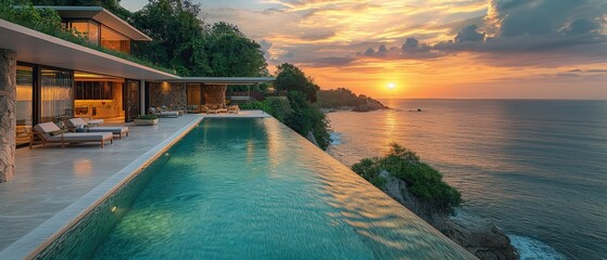 luxury seaside resort pool villar with infinity pool, Generative Ai	
