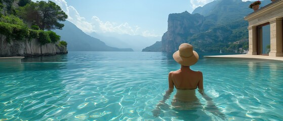 happy woman swimming in infinite pool with seascape background, Generative Ai