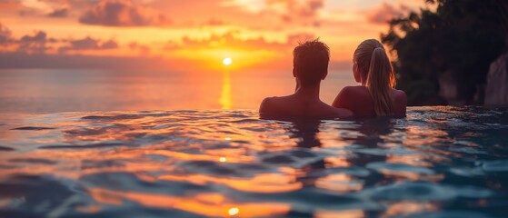 couple lover in infinite pool with romantic sunset scene, Generative Ai 