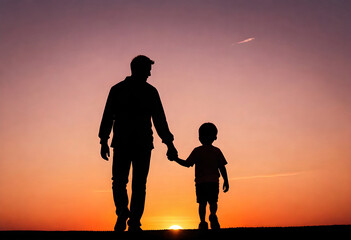 a father and child are silhouetted against the sunset