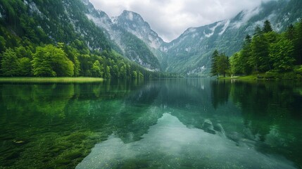 Naklejka na ściany i meble Peaceful lake surrounded by green trees and mountain