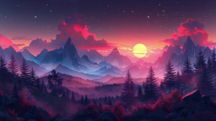 Naklejka premium A Painting of a Sunset With Mountains and Trees