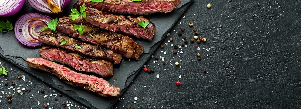 Beef grilled meat, black stone background, spices, onion, herbs. Top view Banner. Fresh red meat with pepper, salt for grilling on dark cutting board. Prime fillet. Food magazine style. Chief menu BBQ