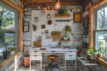 A Scandinavian-inspired workspace with a pegboard for organization and plenty of natural light.