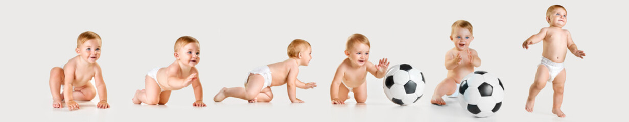 Unstoppable curiosity. Collage. Little baby girl, adorable active child in diaper in motion isolated on white background. Concept of childhood, health care, baby emotions, growth - obrazy, fototapety, plakaty