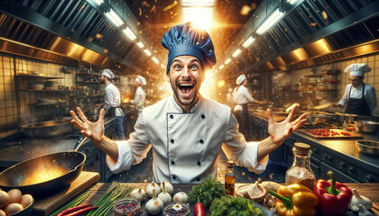 emotion chef cooking on cuisine in restaurant. profession concept - 795120277