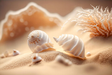 Shells in the sand on the seashore as a background. Soft focus. Generative AI