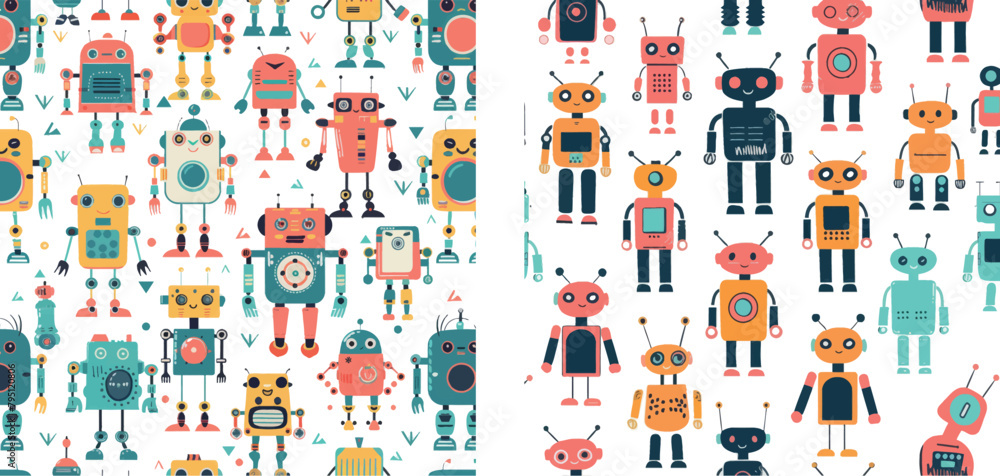 Poster Robot pattern with cute colorful robots