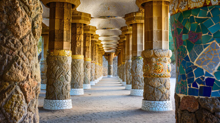 Stone columns arcade in Park Guell Barcelona Spain. 