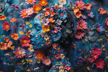 A young black man surrounded by flowers, with floral patterns painted on his fac. Created with Ai
