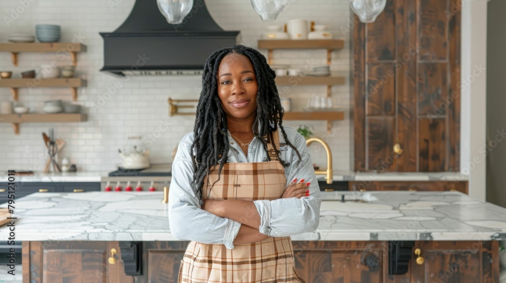 Wall mural african american woman standing in front of kitchen island wearing apron in home kitchen