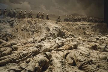Depict a battlefield strewn with fallen soldiers a stark reminder of the cost of warfare  - obrazy, fototapety, plakaty