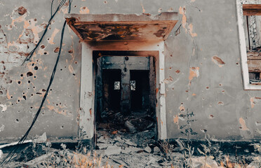 destroyed and burned houses in the city Russia Ukraine war