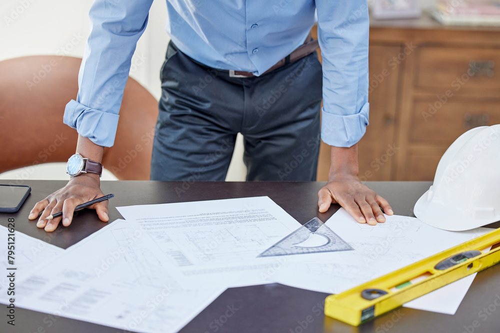 Aufkleber Hands, man and drawing on blueprint in table with pencil for planning a building design, layout and project as architect. Office, construction and engineering person with idea for renovations