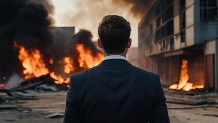 燃える都市の背景とビジネスマン,Generative AI AI画像