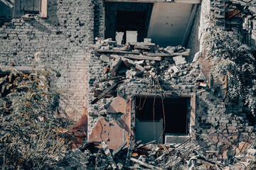 destroyed houses in an abandoned city without people in Ukraine
