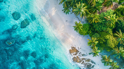 Fototapeta na wymiar Scenic beach background with tropical palm trees, top view
