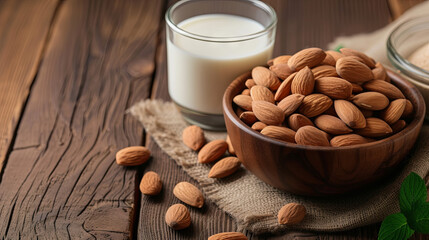 Almond milk and nuts almonds in a plate on a wooden background - obrazy, fototapety, plakaty