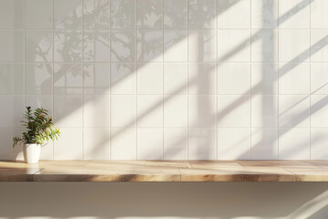 Empty wooden table top counter near a big window. Wood tabletop over defocused kitchen background. Trendy stylish desk space for product presentation, blur light modern cooking interior. Front view