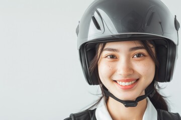 A headshot portrait of a woman model wearing motorcycle helmet looking at the camera isolated on white background shot in a studio.