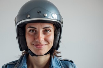A headshot portrait of a woman model wearing motorcycle helmet looking at the camera isolated on white background shot in a studio.