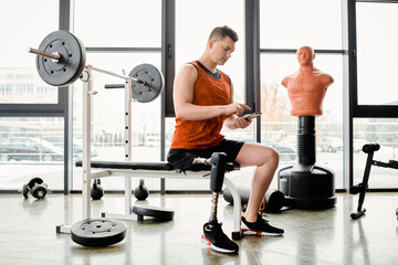 A man with a prosthetic leg sitting on a bench, absorbed in his cell phone.