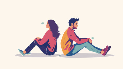 Sad man and woman sit background to background and no speak