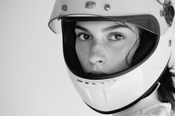 A headshot portrait of a woman model wearing motorcycle helmet looking at the camera isolated on white background shot in a studio. - obrazy, fototapety, plakaty