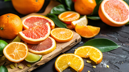 Variety of citrus fruit including lemons, lines, grapefruits and oranges, Close up, macro. Sliced in half citrus on a black background, Grapefruit with slices on a wooden table. creative photo