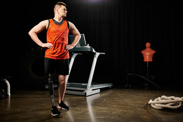 A disabled man with a prosthetic leg stands confidently in front of a treadmill in a gym, ready to...