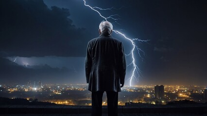 都市と雷を見る高齢者男性,男,Generative AI AI画像