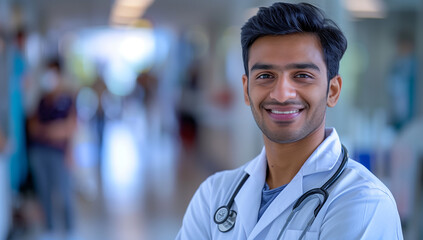 shot of young handsome Indian man doctor  with stethoscope, close up, portrait of a smiling doctor, blurred hospital background - Powered by Adobe