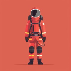 Fototapeta premium Illustration of Firefighter in Protective Gear, Emergency Responder with Oxygen Tank, Hero in Fire Safety Suit, Flat Vector Design of Brave Firefighting Professional