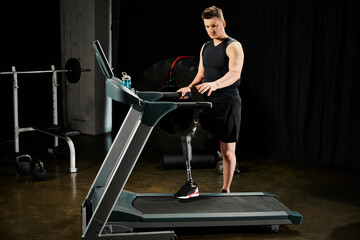 A man with a prosthetic leg stands on a treadmill in a dimly lit room, showcasing determination and...