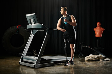 A determined disabled man with a prosthetic leg stands confidently on top of a treadmill at the gym.
