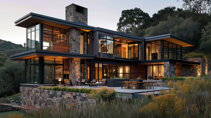 A contemporary house with a unique blend of materials, featuring a mix of wood, stone, and metal elements, set against a backdrop of rolling hills.