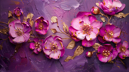 Bright pink and gold beautiful flowers on deep purple. An illustration in a picturesque style. - obrazy, fototapety, plakaty