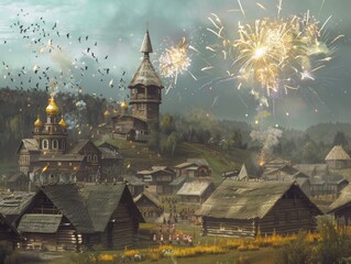 Naklejka premium Panoramic View ofCharming Orthodox Village Celebrating Festivities in Nature