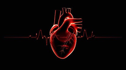 Red human heart with an electrocardiogram graph on a black isolated background	