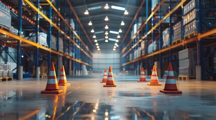 Safety cones and warning lights marking off a temporary hazard in a warehouse