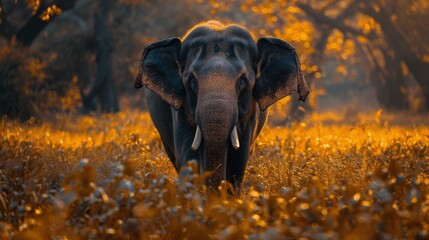 Elephant Walking Through Forest Filled With Leaves