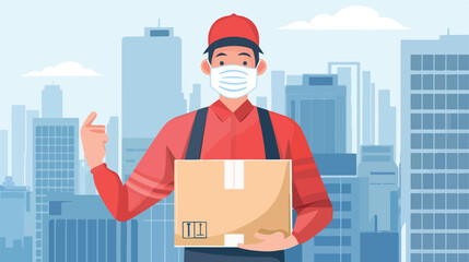 Safe delivery concept delivery man with a box wearing